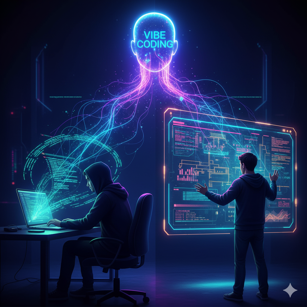 a digital art illustration of a software engineer evolving from a coder at a laptop to an architect designing a system on a futuristic screen, with vibe coding AI in the background.