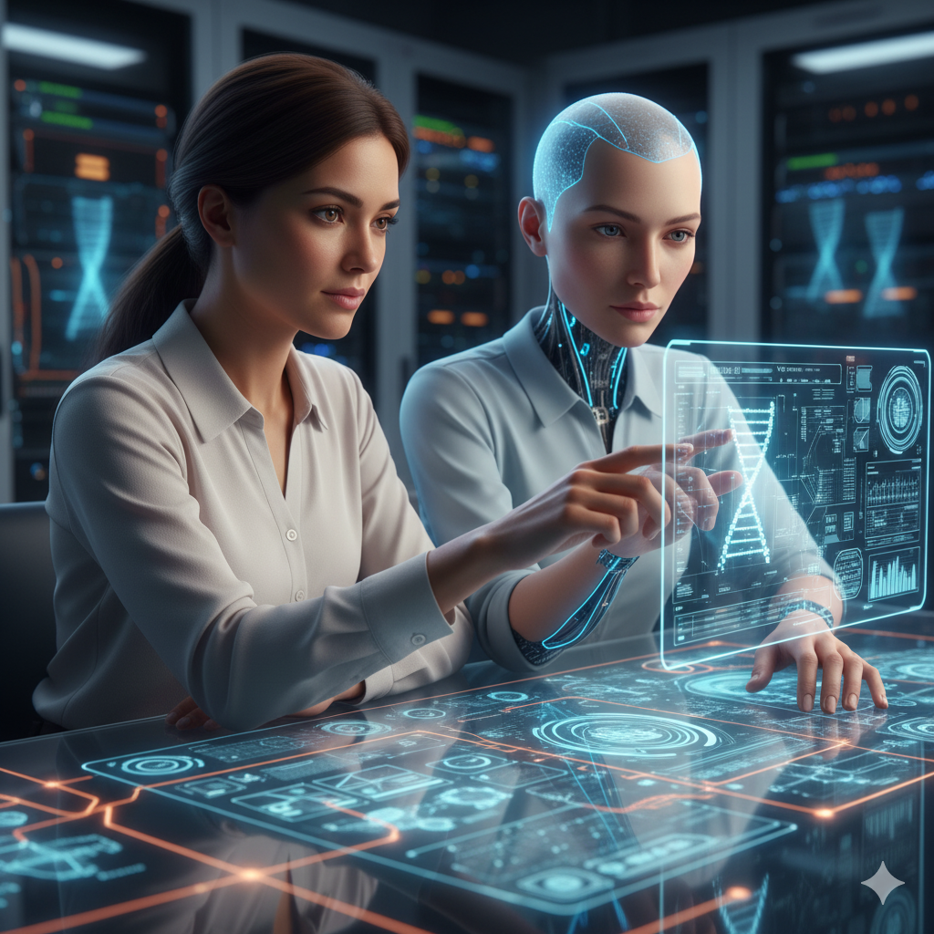 Two professionals, one human and one human-like AI, collaborate on a holographic data display showing DNA and business analytics, representing "AI with humans" in a modern office.