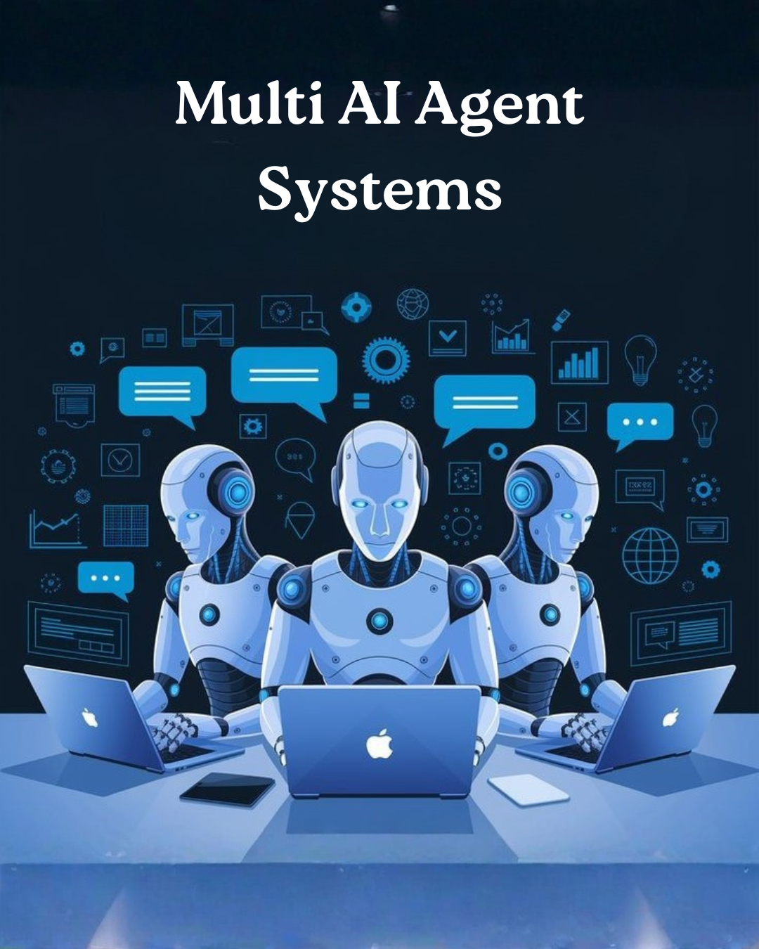 illustration of multi AI agent systems working collaboratively on laptops, representing autonomous AI agents performing tasks and communication in a coordinated workflow.