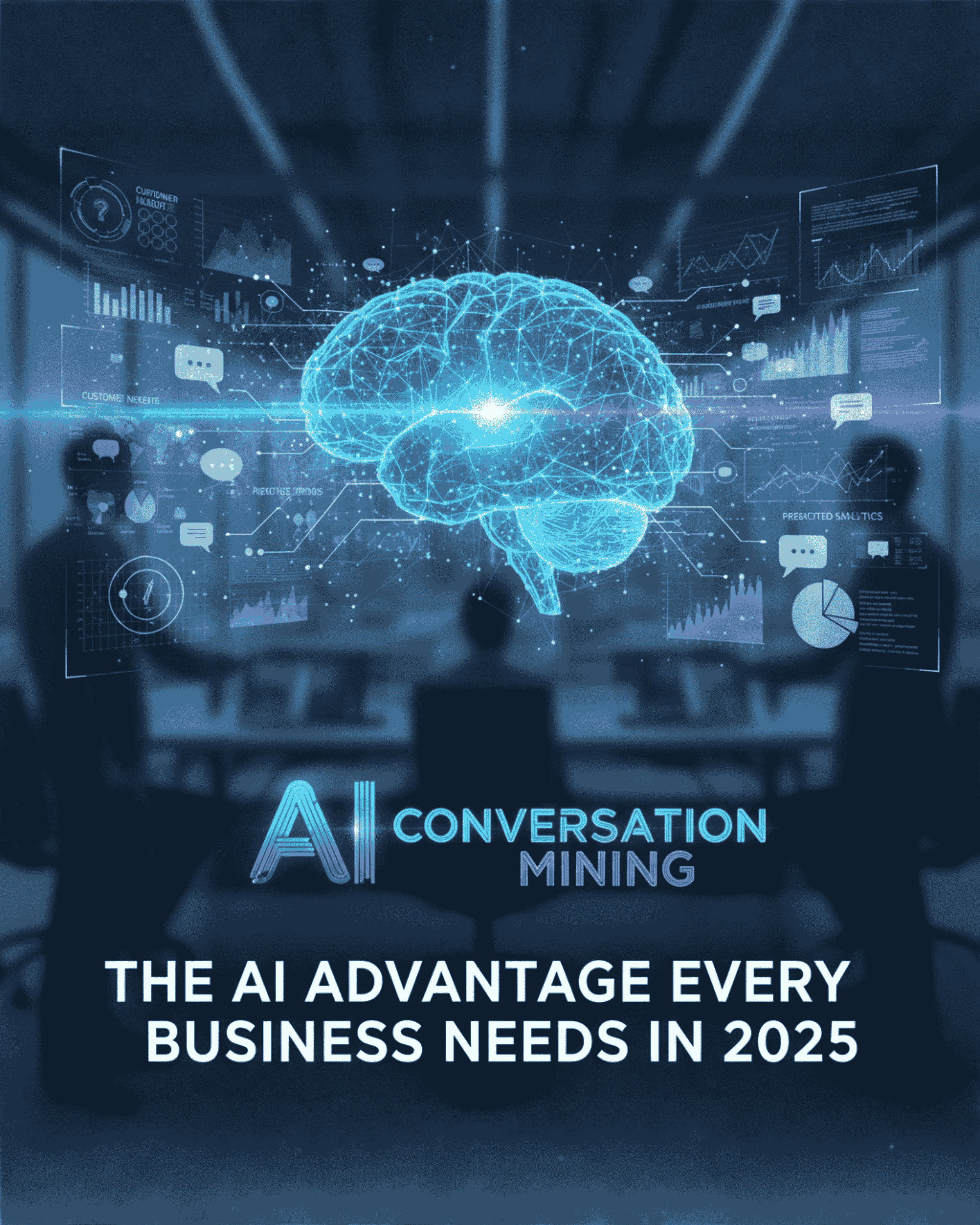 AI conversation mining visual with digital brain, analytics dashboards, and business insights for 2025.