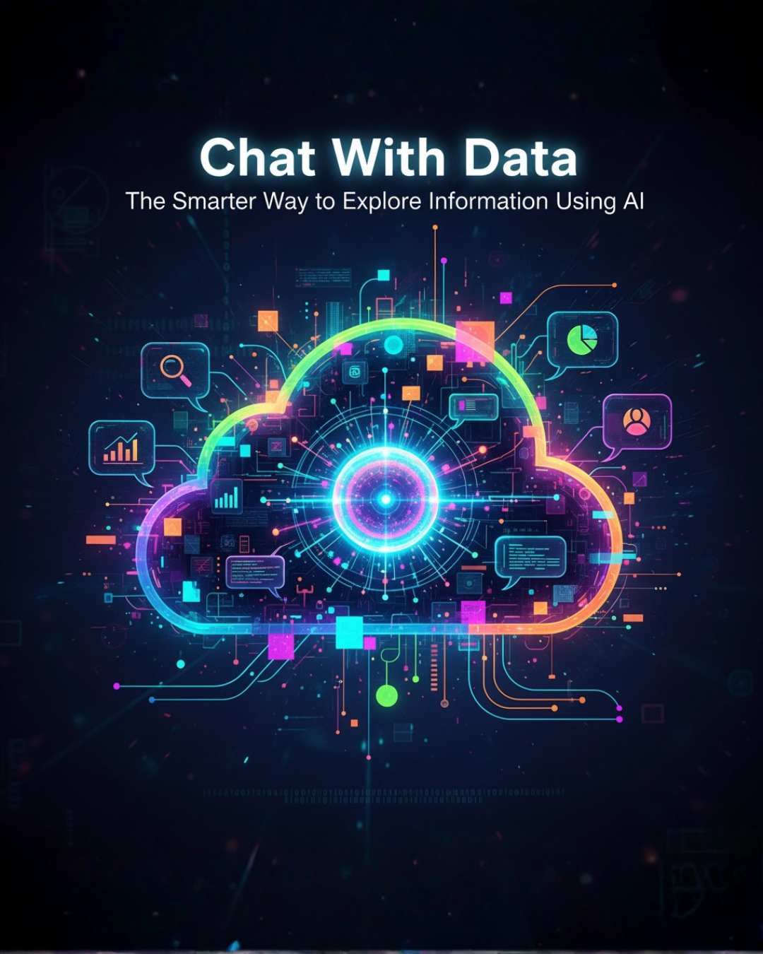Colorful cloud-shaped AI interface visualizing data insights, charts, and analytics for voice and chat-based data exploration.